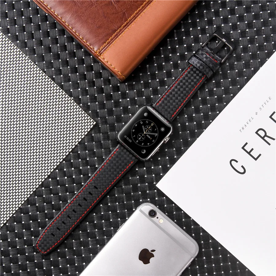 Luxury Strap for Apple watch band 42mm 38mm Apple watch 6 5 4 3 2 iWatch band 44mm 40mm Carbon fiber+Leather watchband bracelet