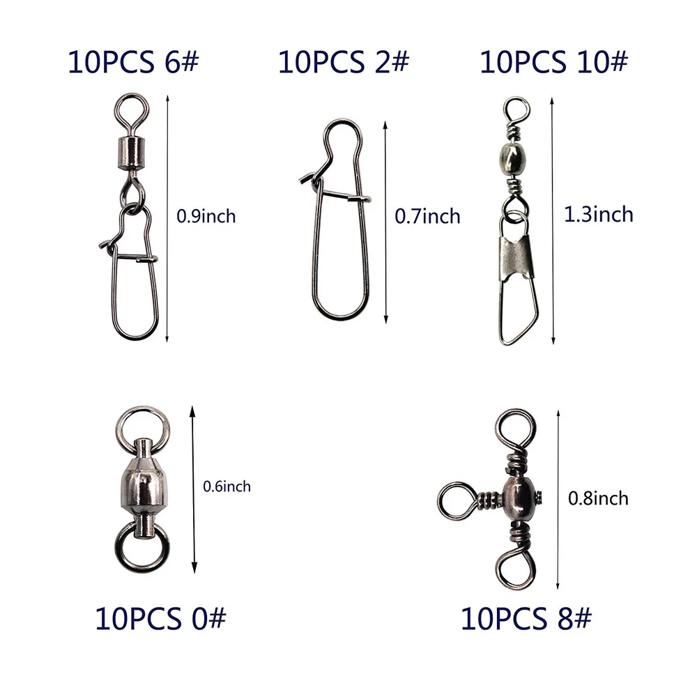 50Pcs/Box Stainless Steel Fishing Swivel Kit Include Duo Lock Snaps Ball Bearing Swivel  Barrel Swivels Fishing Connector