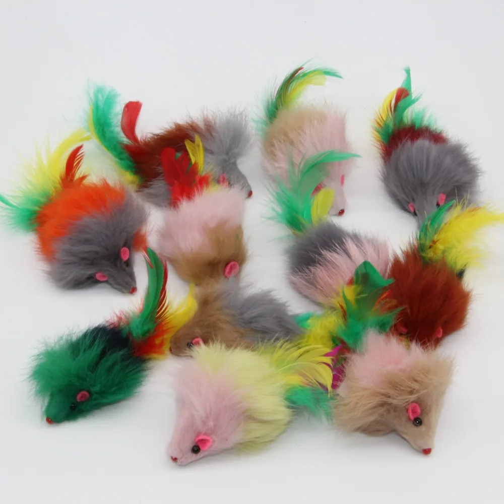 

Westrice Long-haired variety of colors rabbit tail feathers cat toy mouse bite amused Cats Mice Toys 15 Pieces 3CM