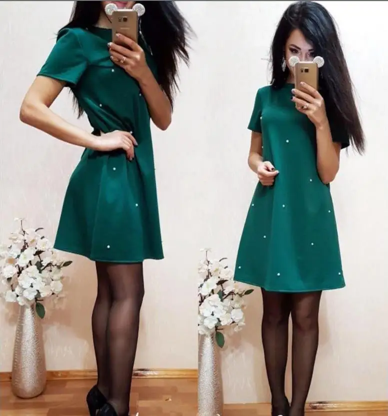 2018 vestidos verano Fashion sexy dress summer dresses women Black, red, green elegant Pearl Solid Color Dress