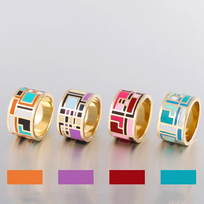 Color Culture New Arrival Stainless Steel Rings for Women  Fashion Pretty Charm Geometric Stripes Gold-Color Big Ring 1.3cm