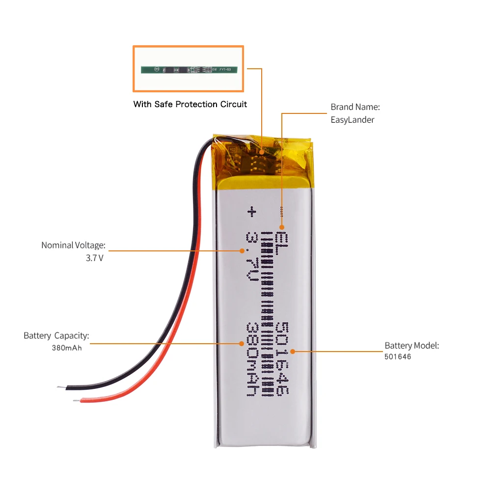 3.7V 380mAh 501646 Lithium Polymer LiPo Rechargeable Battery ion cells For Samsung  player small toy headphones