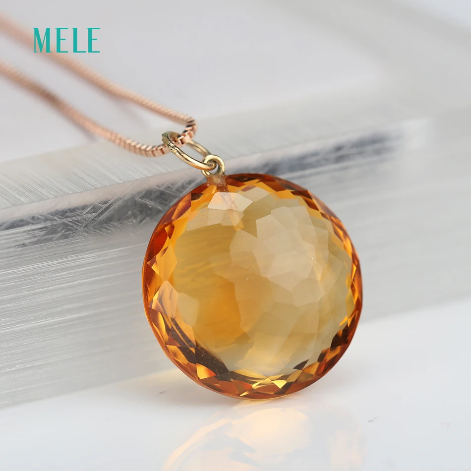 18K Gold Crystal Pendant Natural Yellow Citrine 18KGold Pendant Real 18K Gold  Big Round 18mm Deep Color shine beautiful cutting