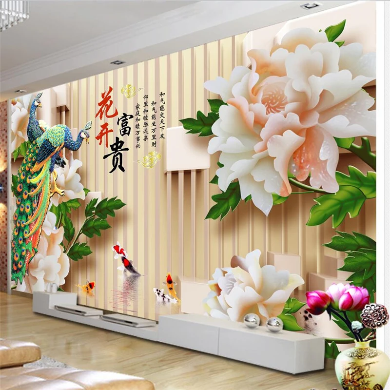wellyu papel de parede para quarto Blooming wealthy 3D jade carving peony peacock background wall photo wallpaper behang
