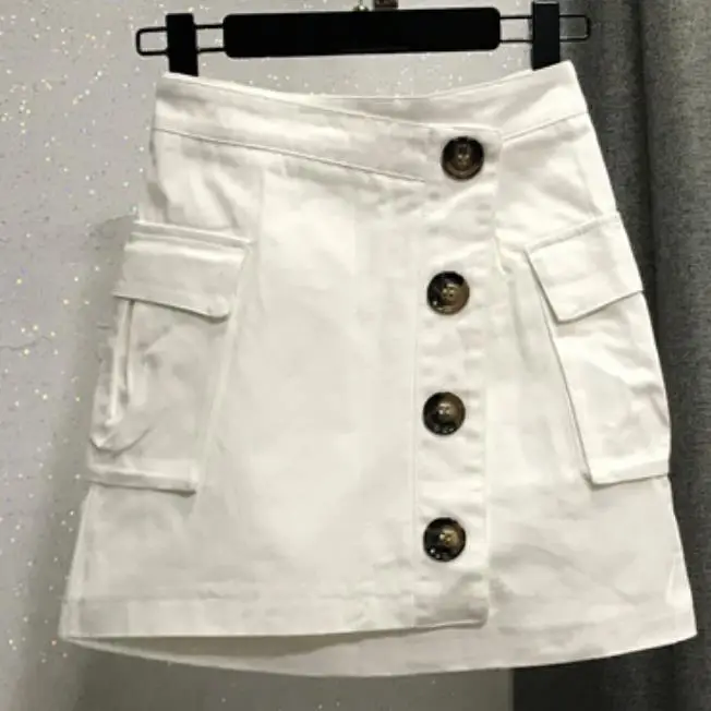 

Casual denim short skirt women new high waist large pocket single breasted jeans mini skirt