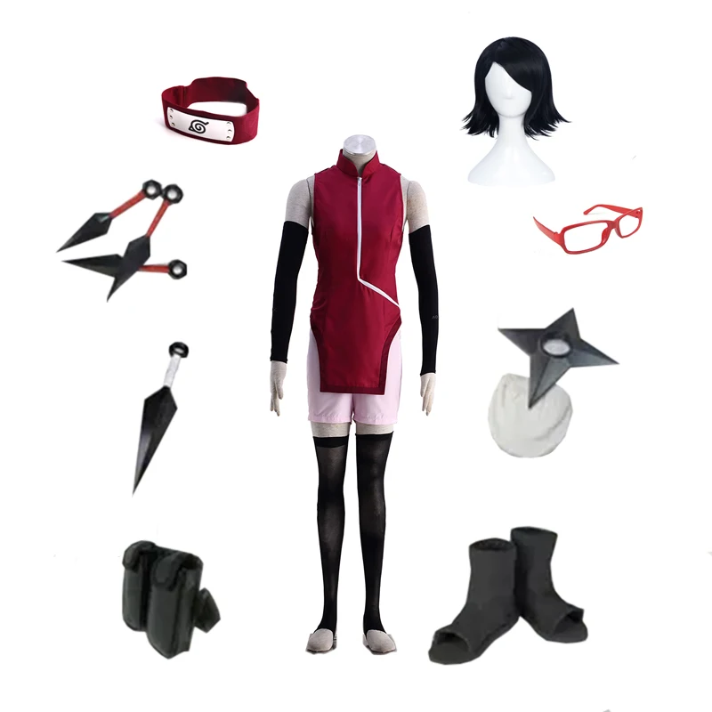 Brdwn Boruto Women's Uchiha Sarada Ninja Cosplay Costume (cheongsam+shorts+Headband+glasses+Shoes+Kunai+bag+shuriken)