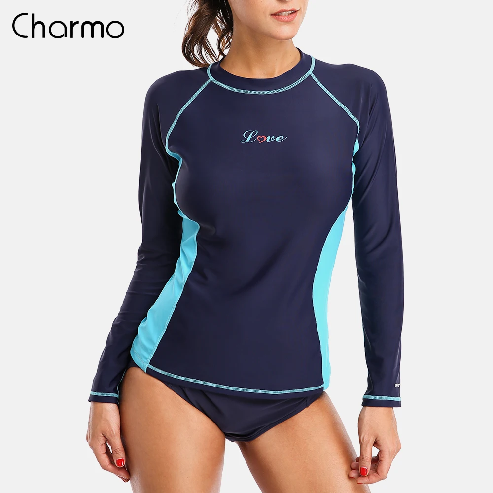 

Charmo Women Rash Guards Swimwear Long Sleeve Rashguard Swim Shirts Surf Top Swimsuit Running Shirt Hiking Rashguard UPF 50+