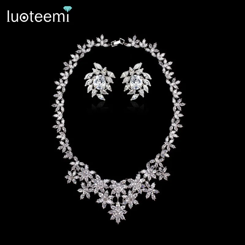 

LUOTEEMI Women's Luxury Necklace Top Grade AAA CZ Stone Bridal Flower Jewelry Necklace Earrings Sets Wedding Accessories