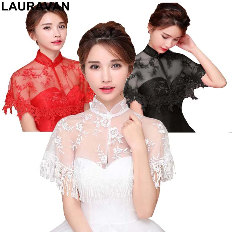 Autumn Thin Lace High Neck Wedding Accessories Cheongsam Bolero Elegant Short Evening Capes Ivory Black Red Jackets Women Wrap