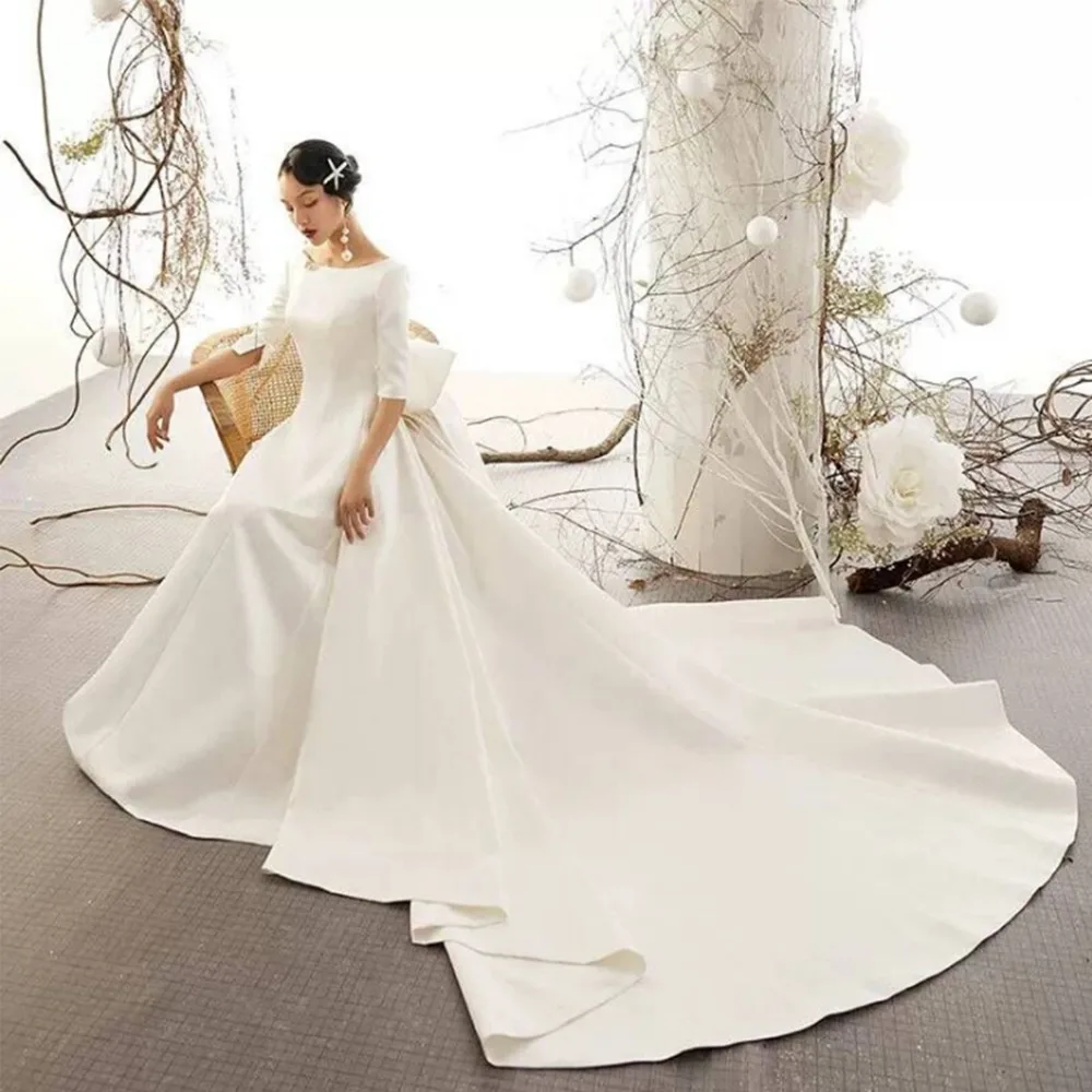 ANTI Modest Mezza Manica Abiti Da Sposa Turchia Scoop Raso Musulmano A-line Abito Da Sposa con Bow Disegni Speciali abiti Da Sposa