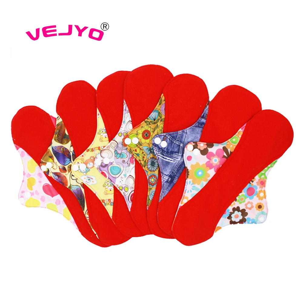 VEJYO 5pcs Washable Cloth Menstrual Pads 7 Inches Waterproof Easy to Dry Red Microfleece Reusable Sanitary Pad with Double Snaps