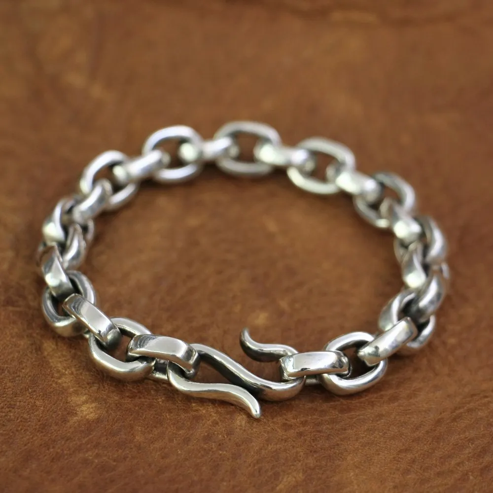 LINSION 925 Sterling Silver Fish hook clasp Mens Chain Biker Rock Punk Bracelet TA140