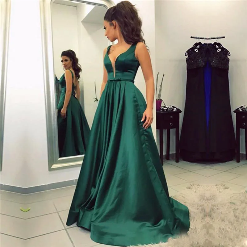 Abendkleider Long evening dress Deep V neck Green Satin Cheap Evening Gowns Custom Made Sweep Train Formal prom Party Dresses