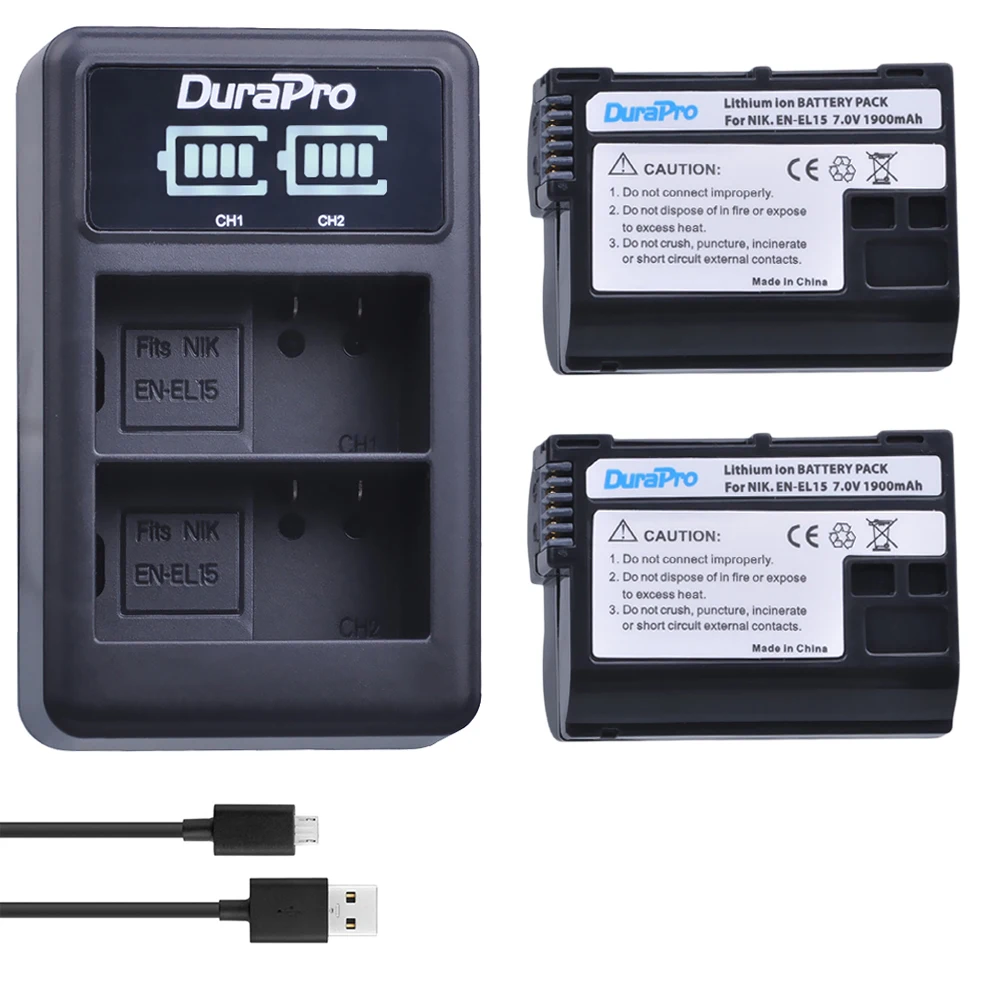 

2 x DuraPro EN-EL15 EN EL15 Camera Battery + LED USB Dual Charger for Nikon D800E D800 D600 D7100 D7000 D7100 V1 MB-D14 Camera