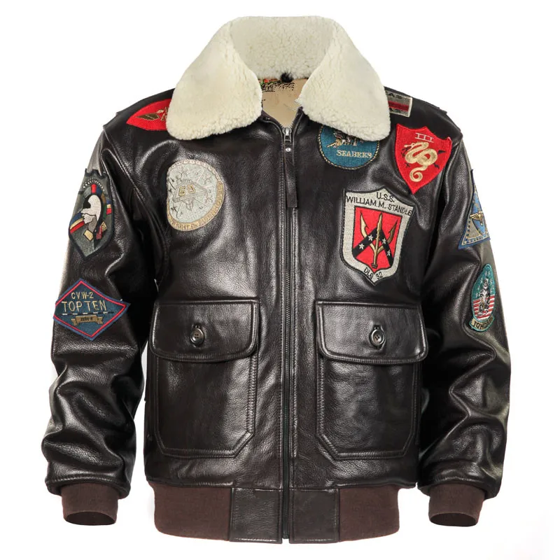 2023 Men Black Top Gun Leather Pilot Jacket Plus Size 3XL Wool Collar Genuine Cowhide Military Leather Pilot Coat Can Customized