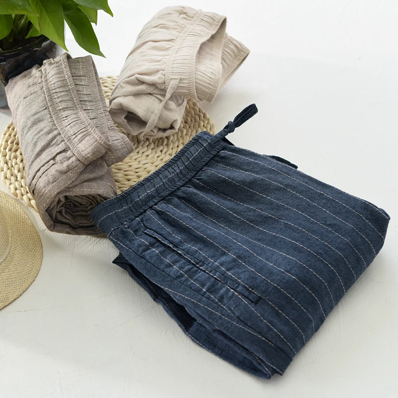 

Новые повседневные мужские льняные брюки в синюю полоску в испанском стиле, эластичные свободные длинные брюки, мужские брендовые дышащие брюки, мужские брюки