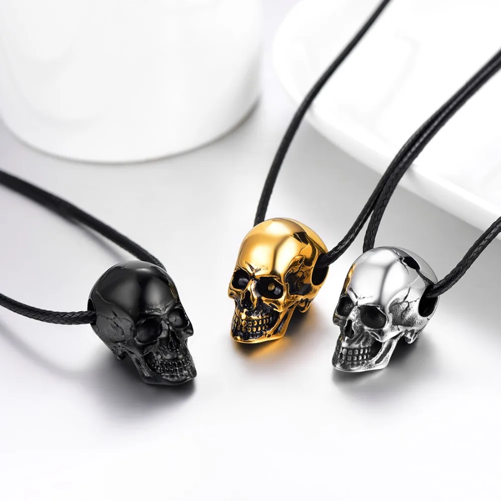 U7 Skull Necklace For Men Women Punk Gift Stainless Steel Gothic Biker Pendant Black Leather Wax Rope Cord Chain P1238