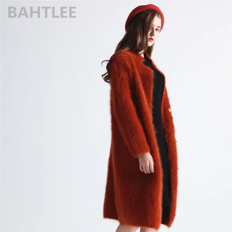 BAHTLEE-Women\'s Long Winter Sweater, Angora Rabbit Cardigans, Loose Fashion, Pearl Button Pocket, Very Thick, Keep Warm