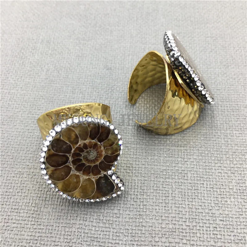 Natural Brown Ammonite Conch Bezel Setting Rings, Snail Wide Pure Gold Color Rings for Jewelry Making for women MY0301