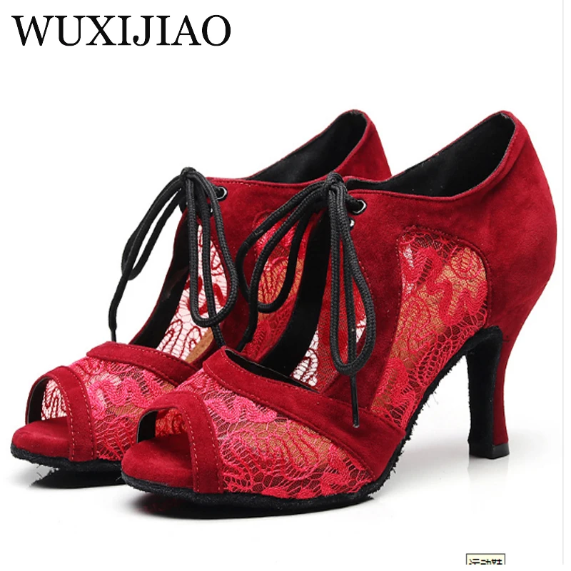 WUXIJIAO Lace Latin Dance Shoes Red and Black For Woman Ballroom Dancing Shoes Salsa Performance Dance Shoes heel 8.5/10cm