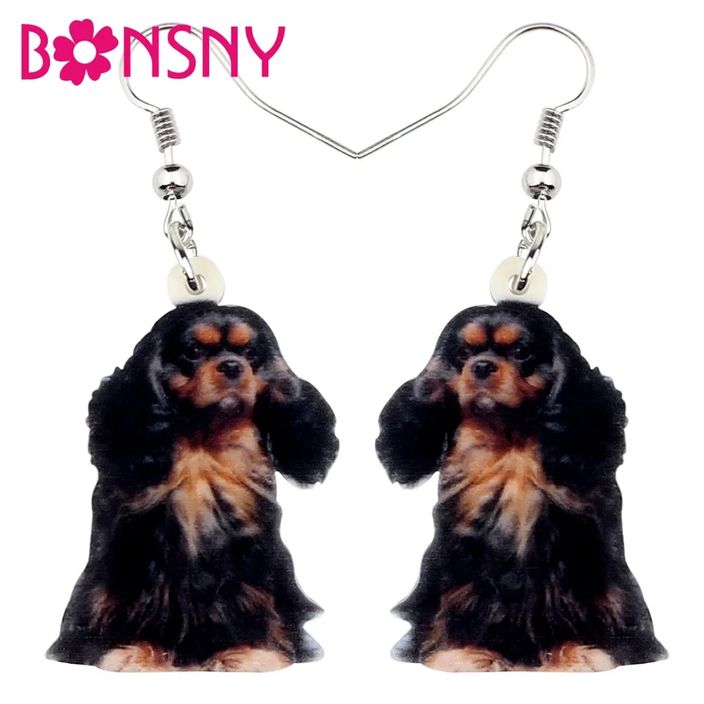 Bonsny Acrylic Black&Tan King Charles Spaniel Dog Earrings Drop Dangle Big Long Animal Pets Jewelry For Women Girls Ladies Gift