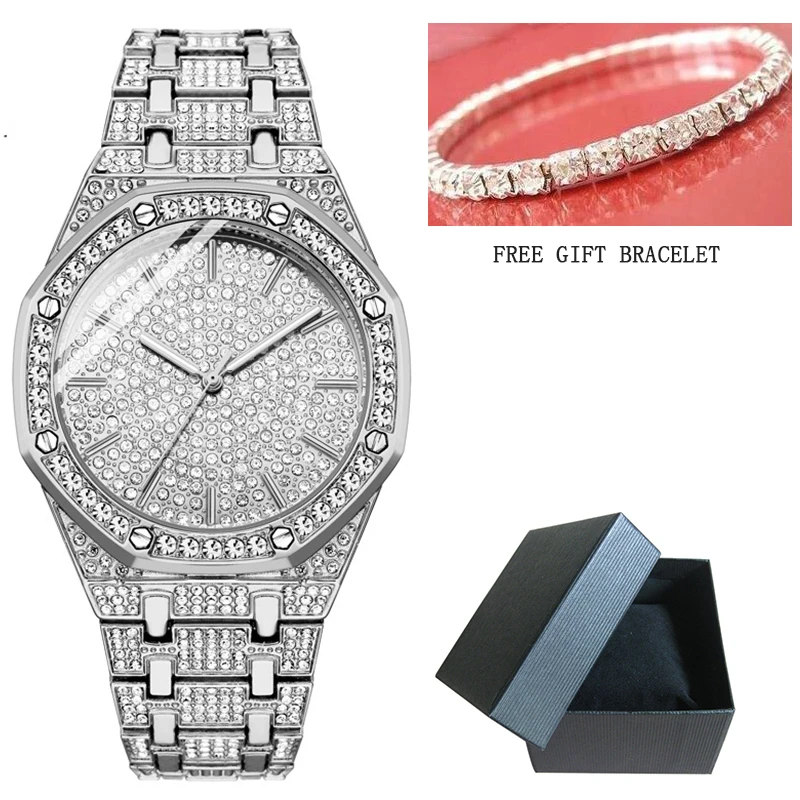 Hoge Kwaliteit mannen Mode Polshorloge 40mm Wijzerplaat Alloy Quartz Volledige Crystal Diamond Luxe Mannen Horloges Gratis Armband reloj Hombre