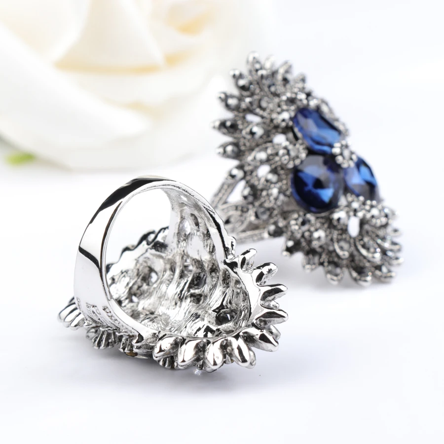 2 Colors Fashion Black Crystal Leaves Ring Silver Color Big Punk Rings For Women Bulgaria Jewelry