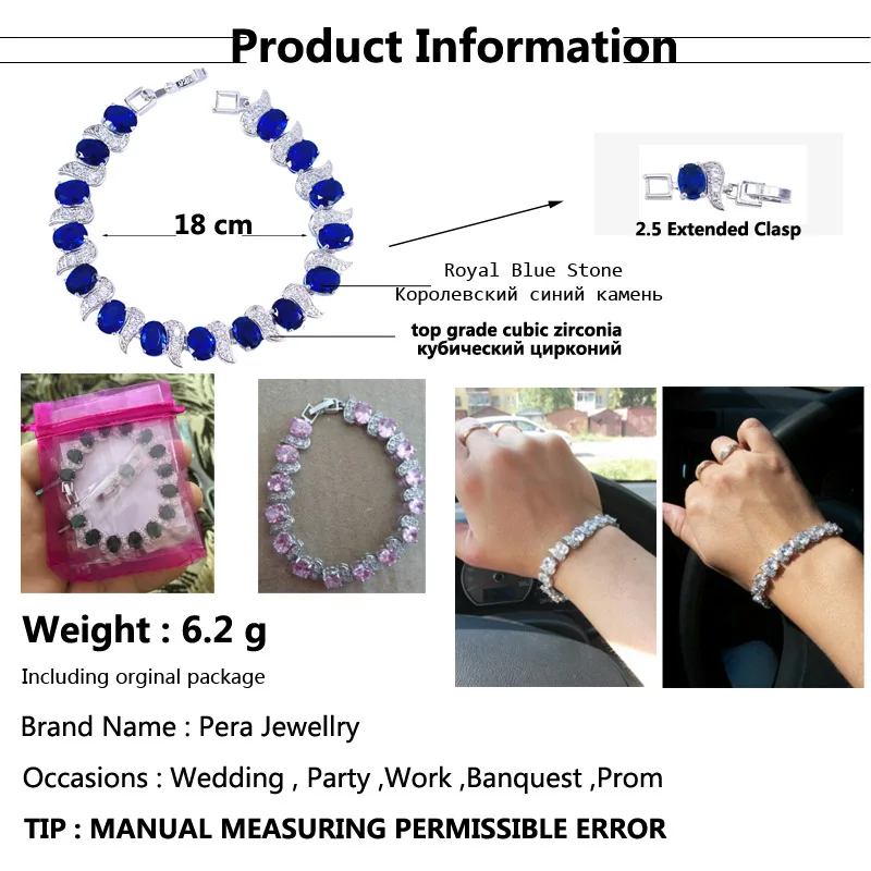 Pera European Design Natural Blue Oval Cubic Zirconia Silver Color Jewelry Big Charm Bracelets for Women Fashion Decoration B079