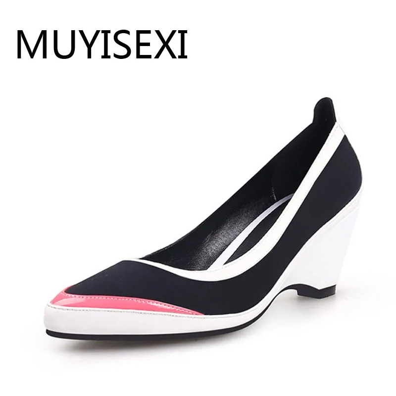 Zapatos de tacón alto de tela elástica para mujer, cuñas puntiagudas, colores mezclados, HL144, MUYISEXI