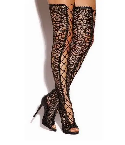 Sexy Black Beige Lace Runway Boot Peep Toe Cut-out Lace-up Tight High Over The Knee Boots Women Plus Size 11 Gladiator Heels