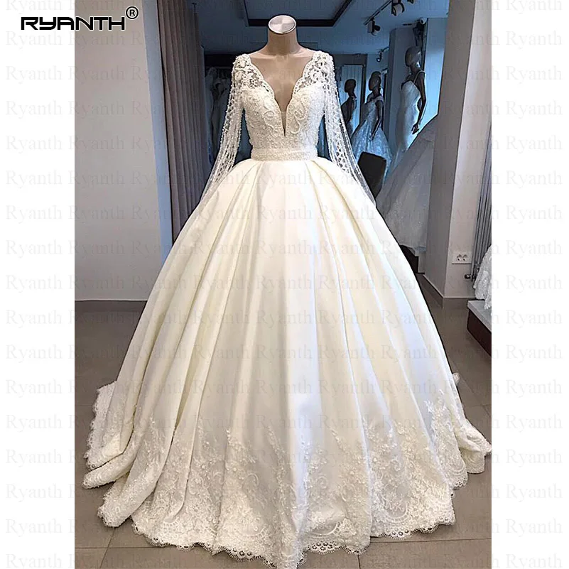 

Robe De Mariee Luxury Long Sleeve Wedding Dresses 2023 Princess Ball Gown Pearls Lace Satin Wedding Gowns Vestidos De Noiva