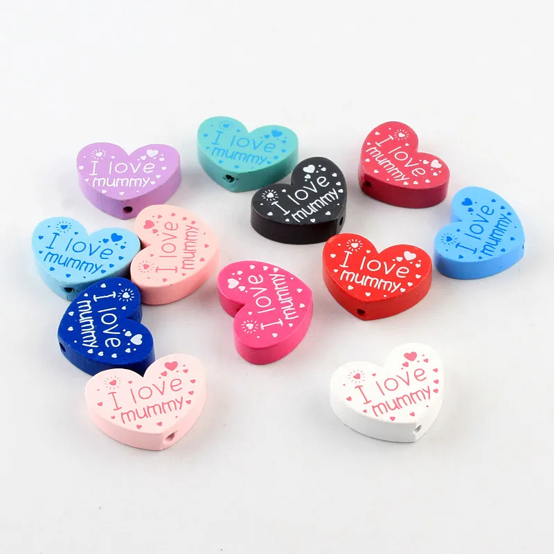 I love mummy pattern Wooden Beads 10pcs Heart Shape Spacer Beads For jewelry Making DIY Wood Pacifier clip Toys 23*30mm