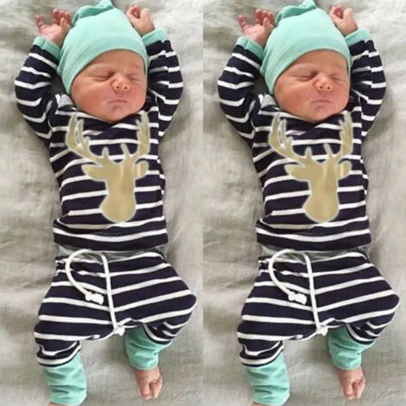 US 3pcs Newborn Baby Boys Girls Long Sleeve Deer Tops + Striped Long Pants Hat Outfits Set Clothes 0-18 Months