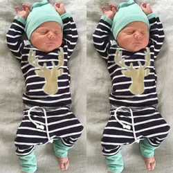 US 3pcs Newborn Baby Boys Girls Long Sleeve Deer Tops + Striped Long Pants Hat Outfits Set Clothes 0-18 Months