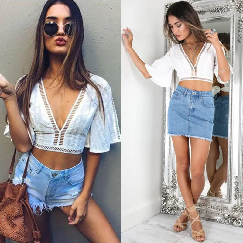 Fashion Women Boho Beach Summer Mesh Lace up Loose Casual short sleeve Crop Vest blusas Tops Ladies Sexy Femme Midriff Blouse