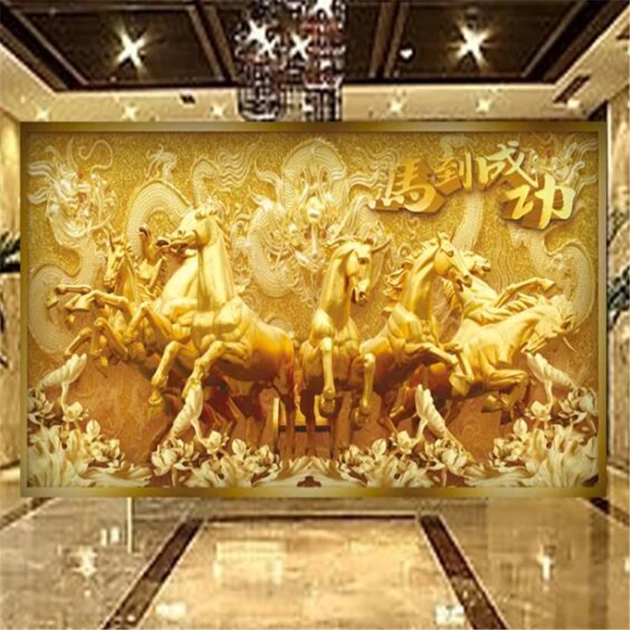 Custom wallpaper 3d stereo photo mural eight horses male wind gold relief hotel TV background wall paper home decor 3d wallpaper