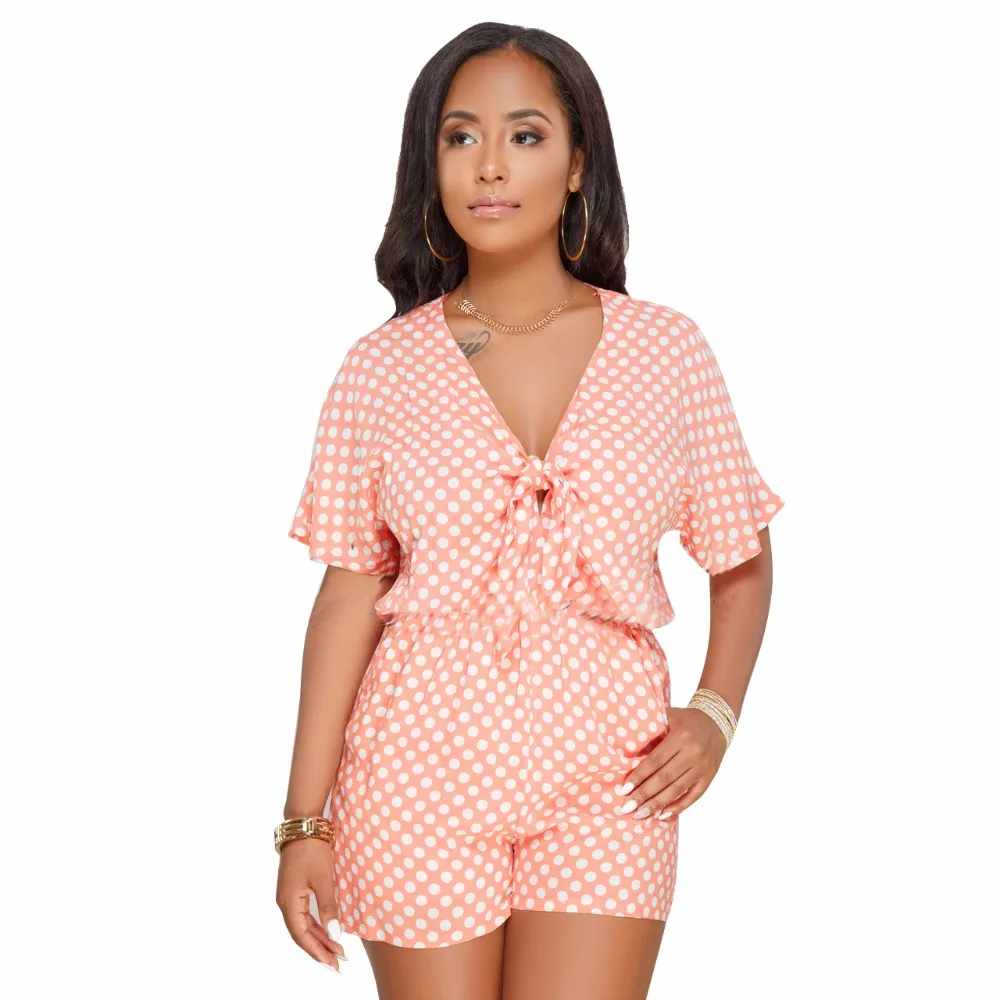 Dot Bãi Biển playsuit cộng với kích thước Bow romper phụ nữ jumpsuit ngắn