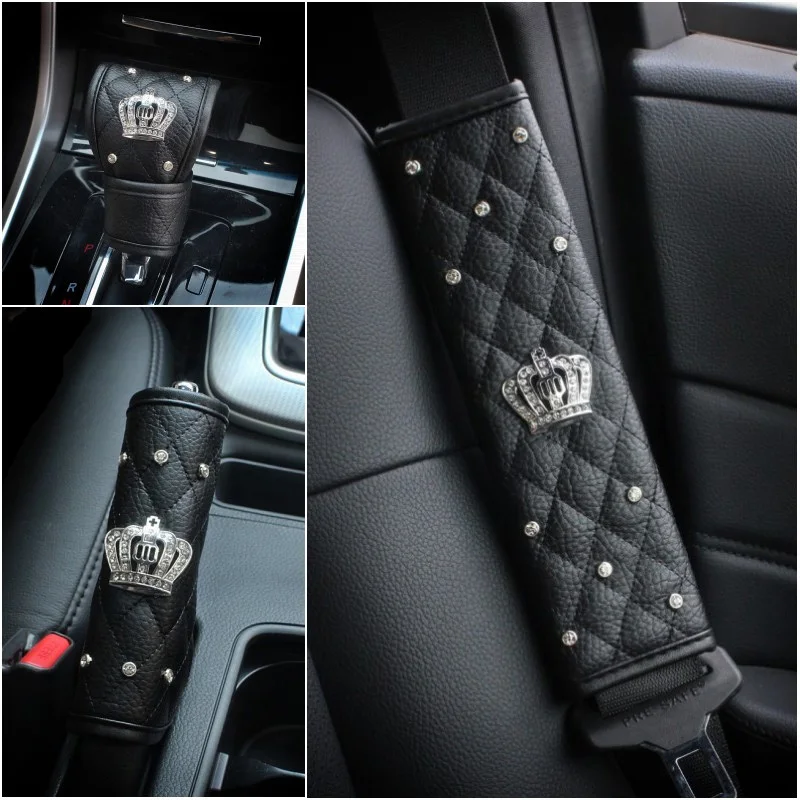 Fashion Diamond Crown Crystal Car Seat Belt Pad Rhinestones Leather Gear Shifter Cover Handbrake Set car Interior Accessories