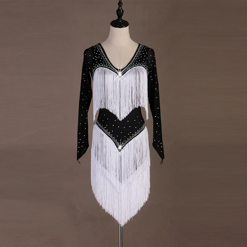 

2019 Women Black Shining Rhinestones White Tassel Sexy Latin Dance Dress Latin Competition Dancing Dresses Dance Team Costume