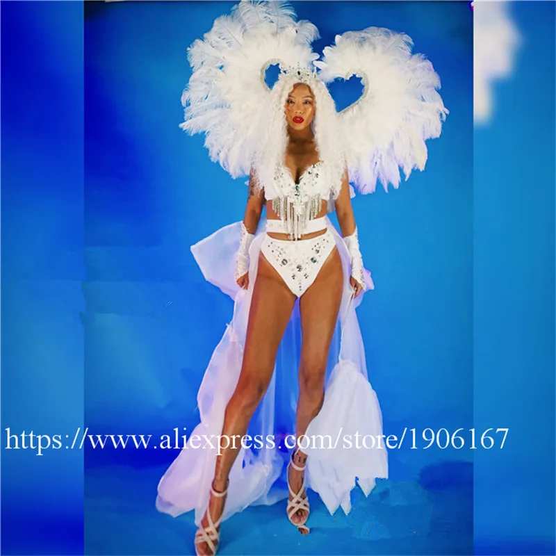 Catwalk Model Show Stage Dance Performance Wears White Feather Wings Sexy Lady Biniki Suit Grand Event Party Evening Dress Cloth