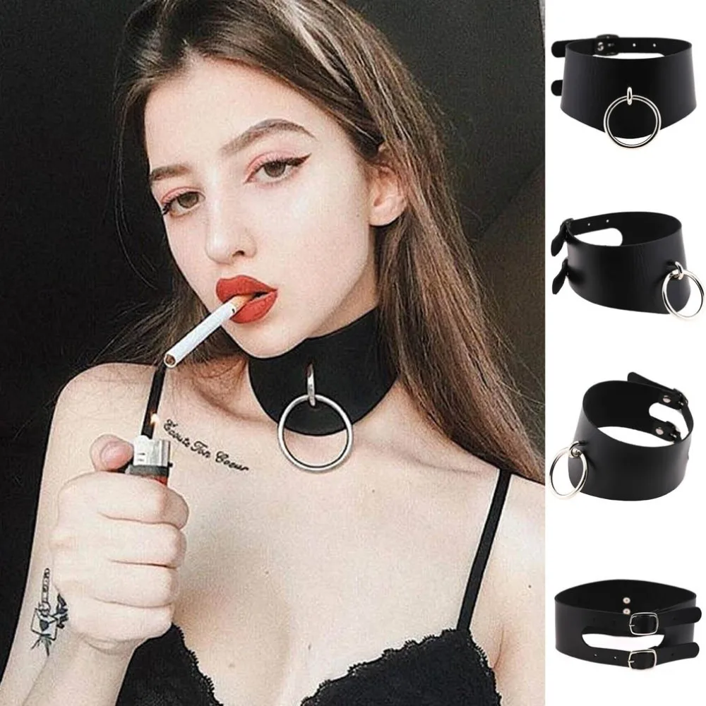 Vegan Choker Harajuku Goth Collar black wide belt Necklace leather chocker bondage cosplay club party festival jewelry