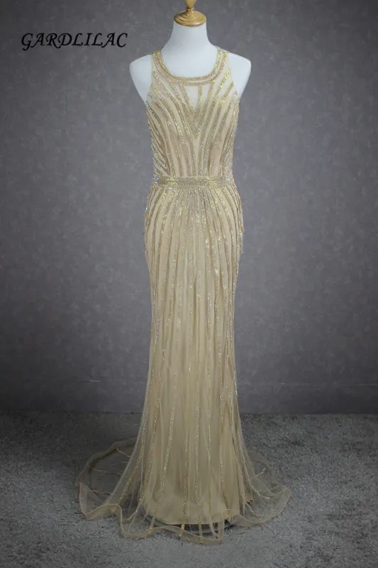 Robe de soirée luxueuse et longue, Champagne, sans manches, Sexy, avec perles, cristal, bal de promo, G092, 2019, 2019