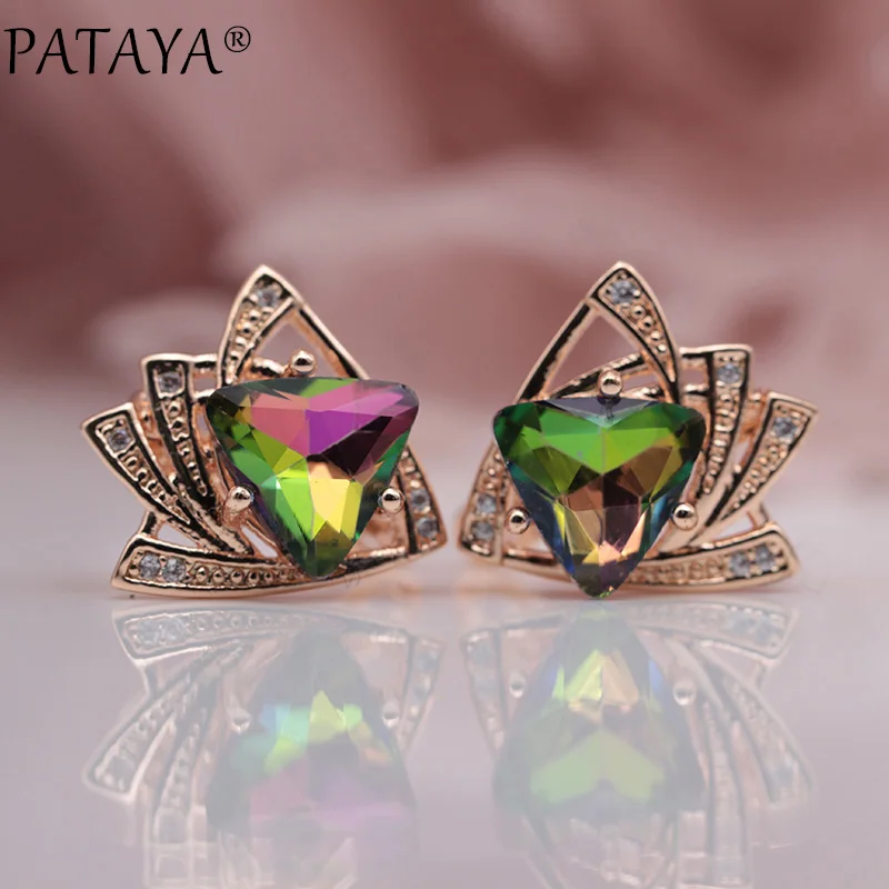 PATAYA New Blue Triangular Earrings 585 Rose Gold Color Multicolor Cubic Zircon Dangle Earrings Women Wedding Jewelry 9 Colors