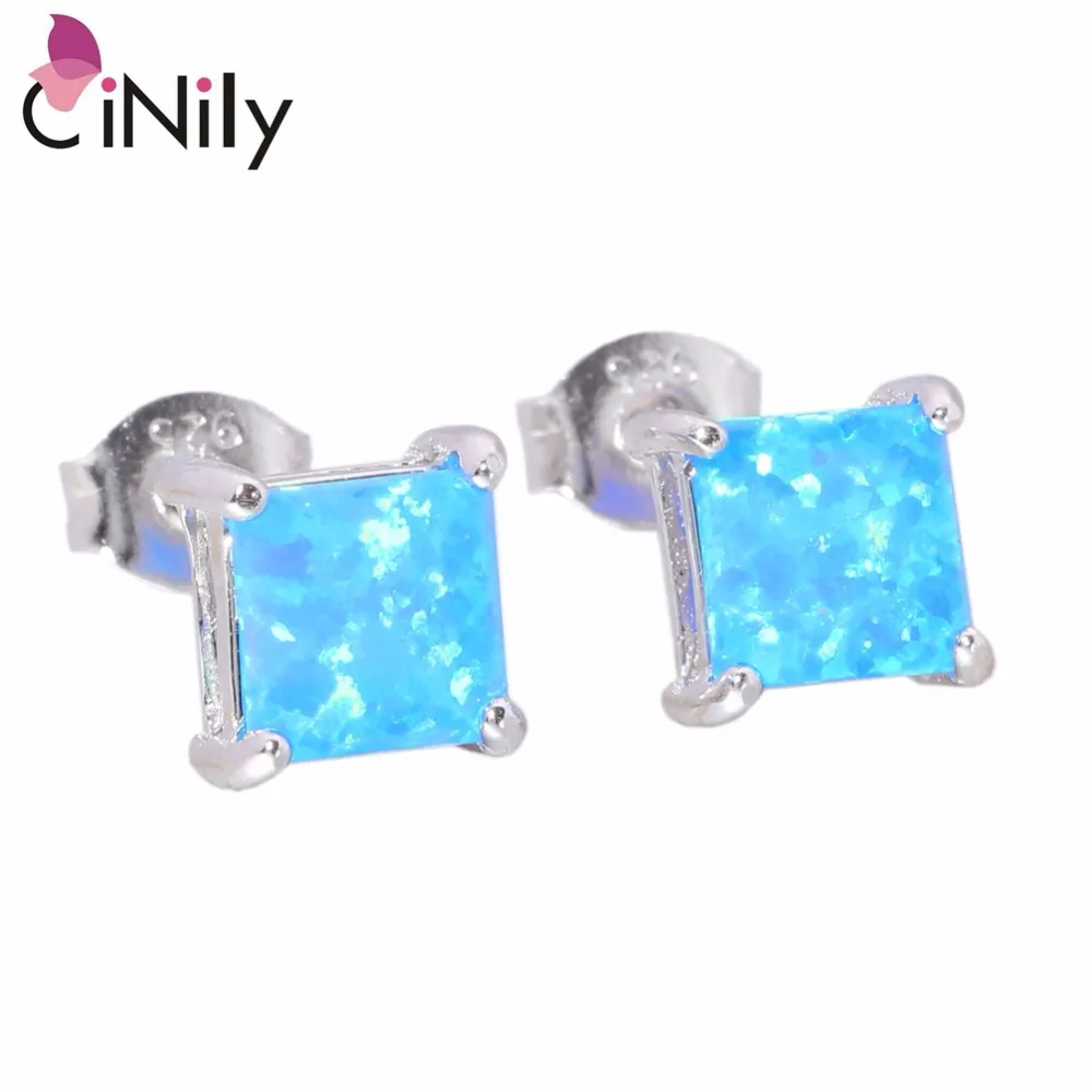 

CiNily Created Blue White Fire Opal 6x6mm Authentic .925 Sterling Silver Wholesale HOT for Women Jewelry Stud Earrings SE018-19