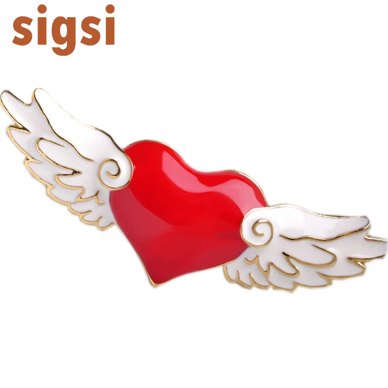 50/100pcs hot selling high quality 50mm fancy enamel cute angel wing with red heart osplay Korea brooch pin/gift/party/wedding