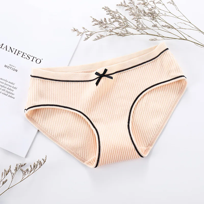 Panties female autumn and winter new sexy comfortable thread panties female cute bow large size cotton striped briefs