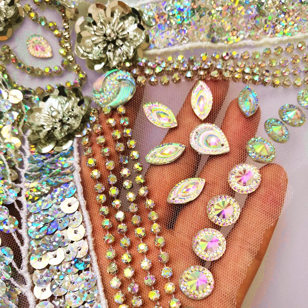 38x44cm HAND Made Chest Neck Sew on Sequins Beads Rhinestones Clothes Applique Patches Sewing For Wedding Costumes Decorations