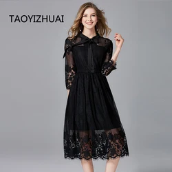 Taoyizhuai brand lace dress spring and autumn new European and American fashion black elastic waist eyelash versatile dress