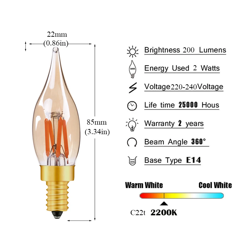 Ganriland-lâmpada led ajustável c22t, filamento de vela, cor dourada, 110v, 220v, 2w, 2200k, decoração, lustre