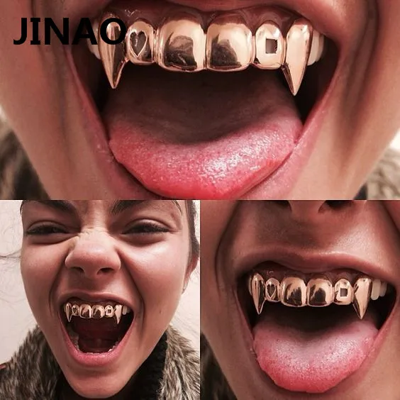 JINAO Gold Color Plated Hip Hop Teeth Grills Caps Hollow Heart Square Top&Bottom vampire teeth Grillz Set for Halloween Party